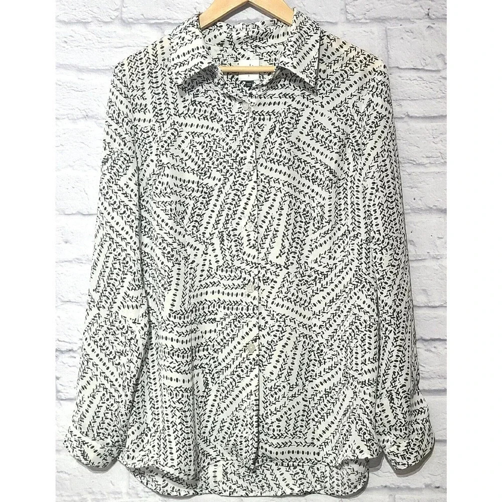 Cabi Split Back Blouse Top #3255 Women's Small Black White Long Sleeve Career